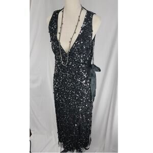River Island NWT Size 10 Black Sequin Wrap Midi Dress